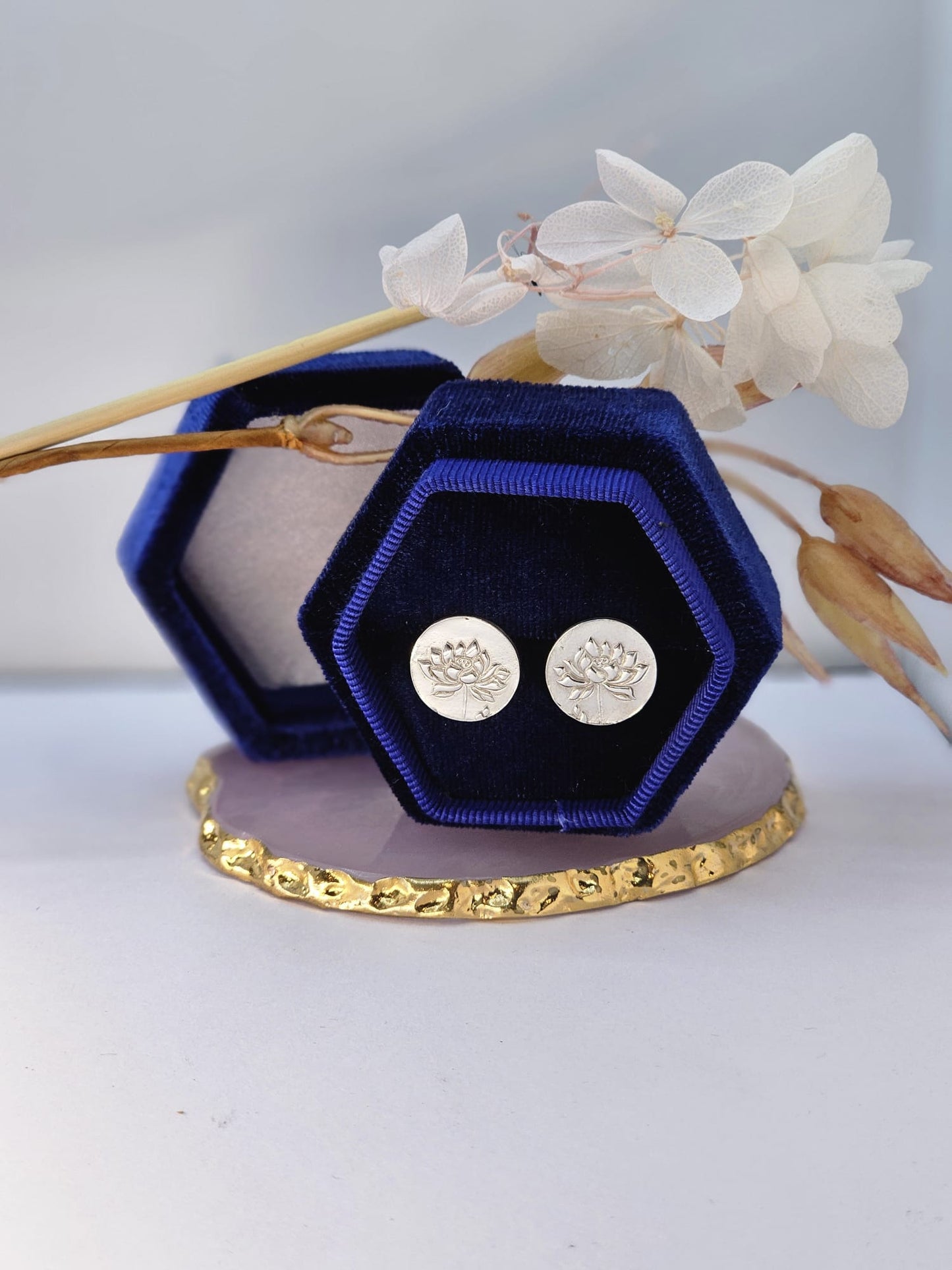 Fine Silver lotus flower disc earrings, s999 silver botanical jewellery, high end silver jewellery, precious metal clay, gift for her.