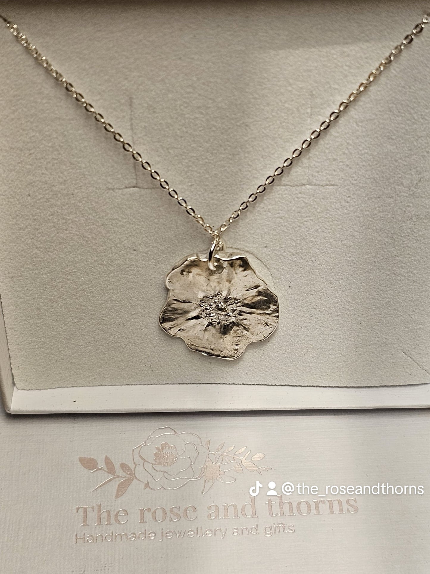 Botanical wild poppy, fine silver necklace