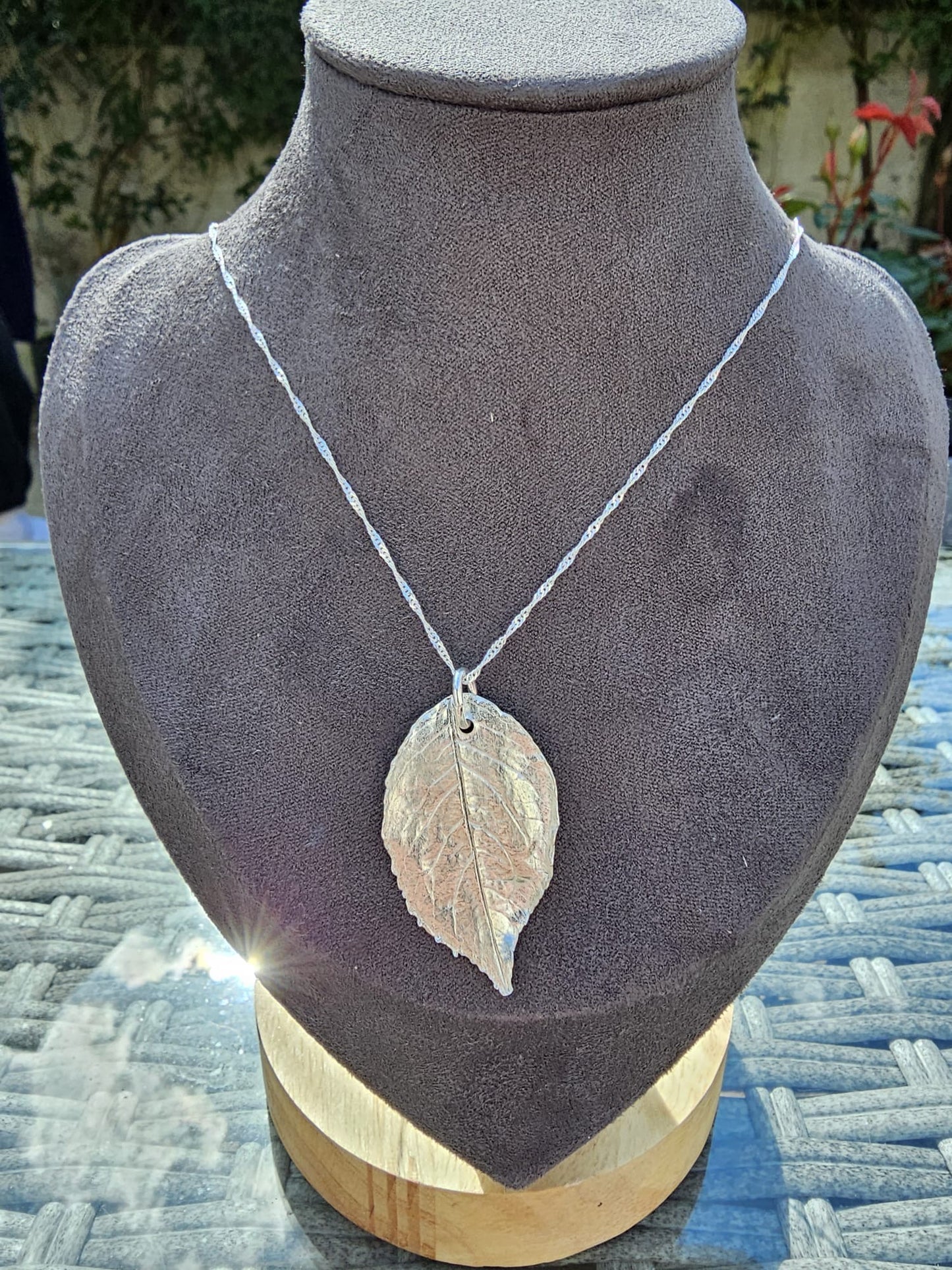 Botanical rose leaf fine silver pendant