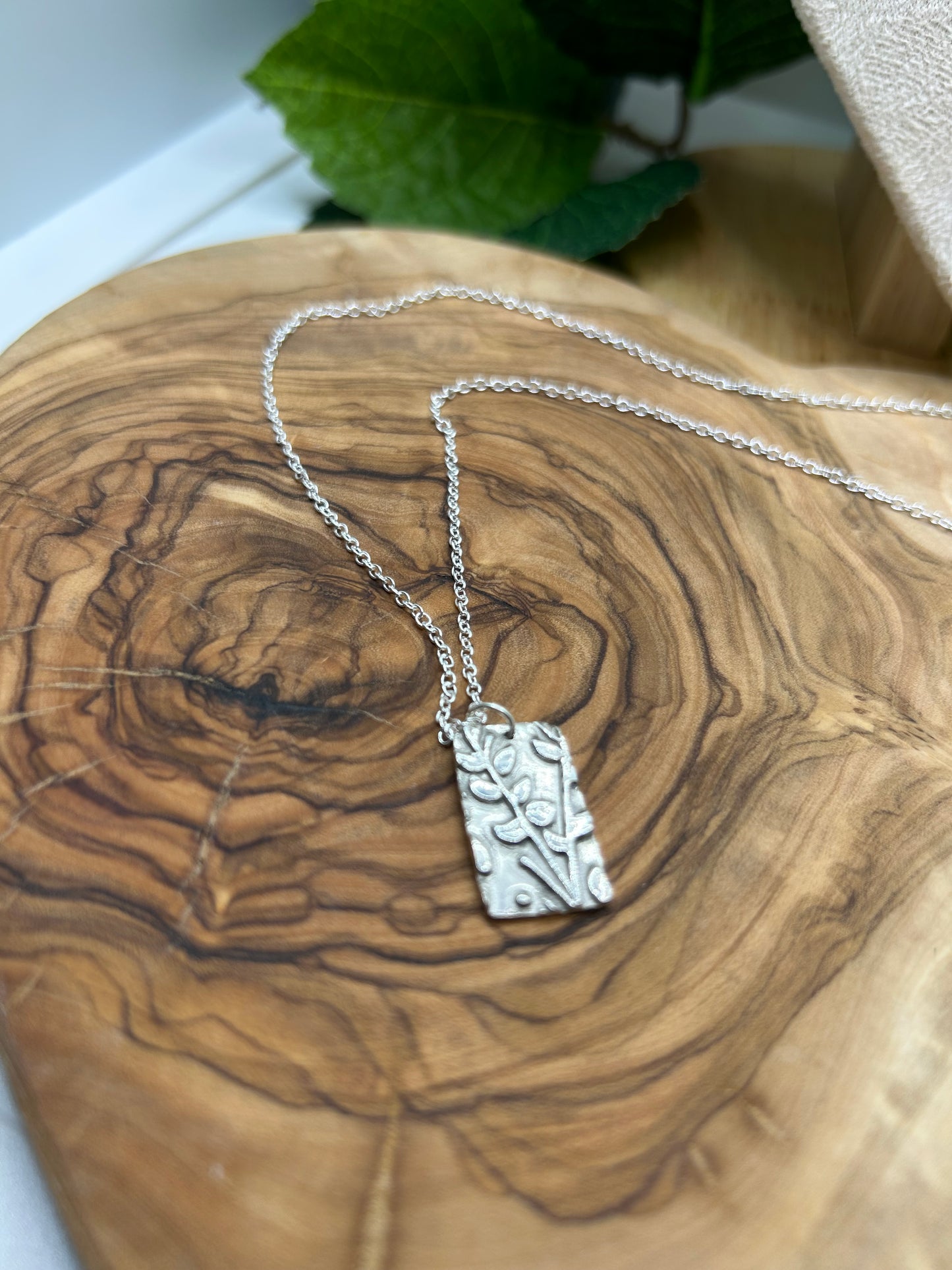 Nature inspired S999 fine silver rectangle shaped, woodland themed necklace with sterling silver chain.