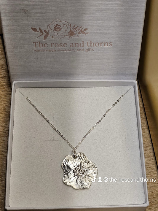 Botanical wild poppy, fine silver necklace