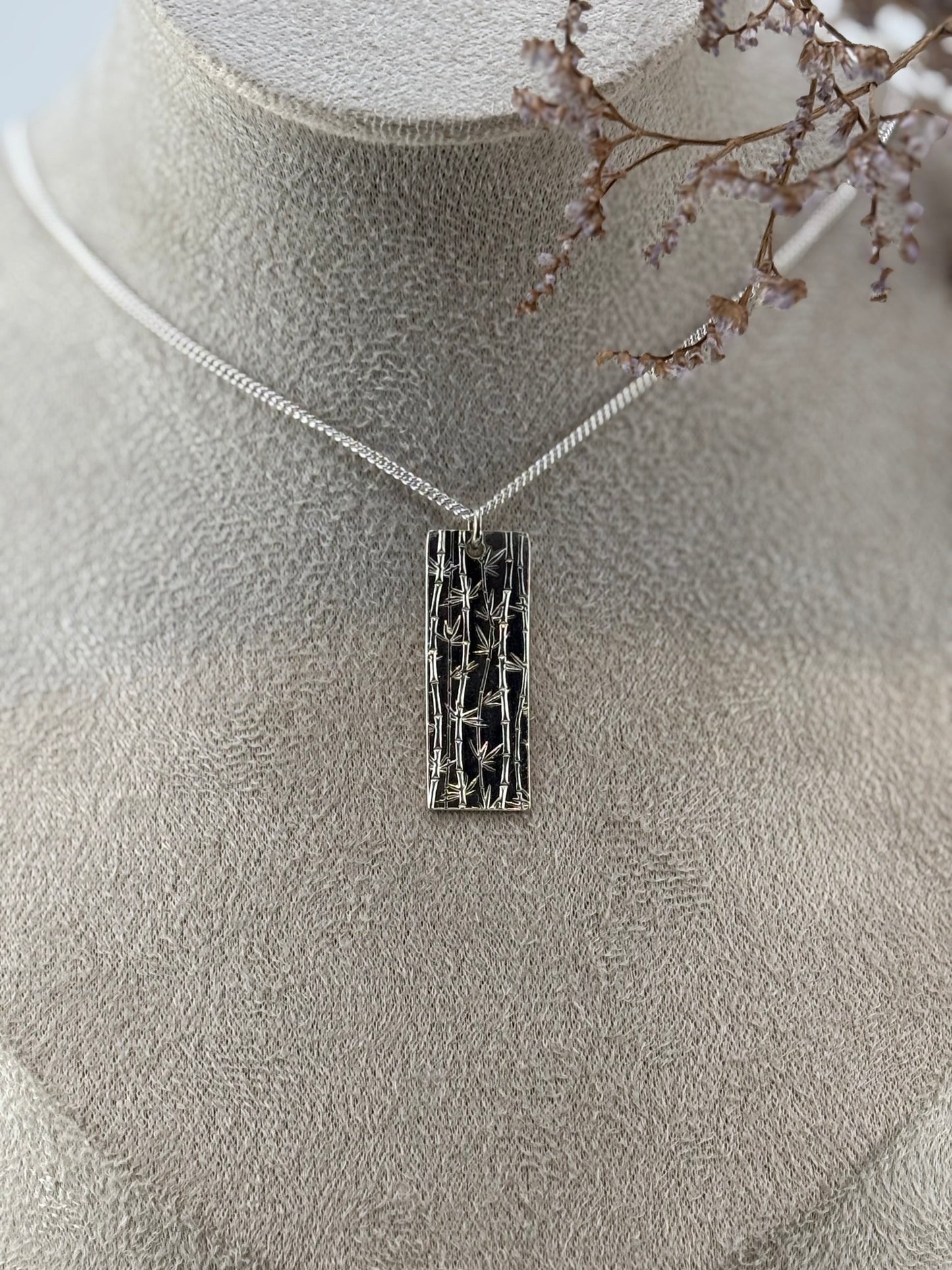 Handmade Sterling Silver bamboo necklace, rectangle shaped nature inspired Pendant.
