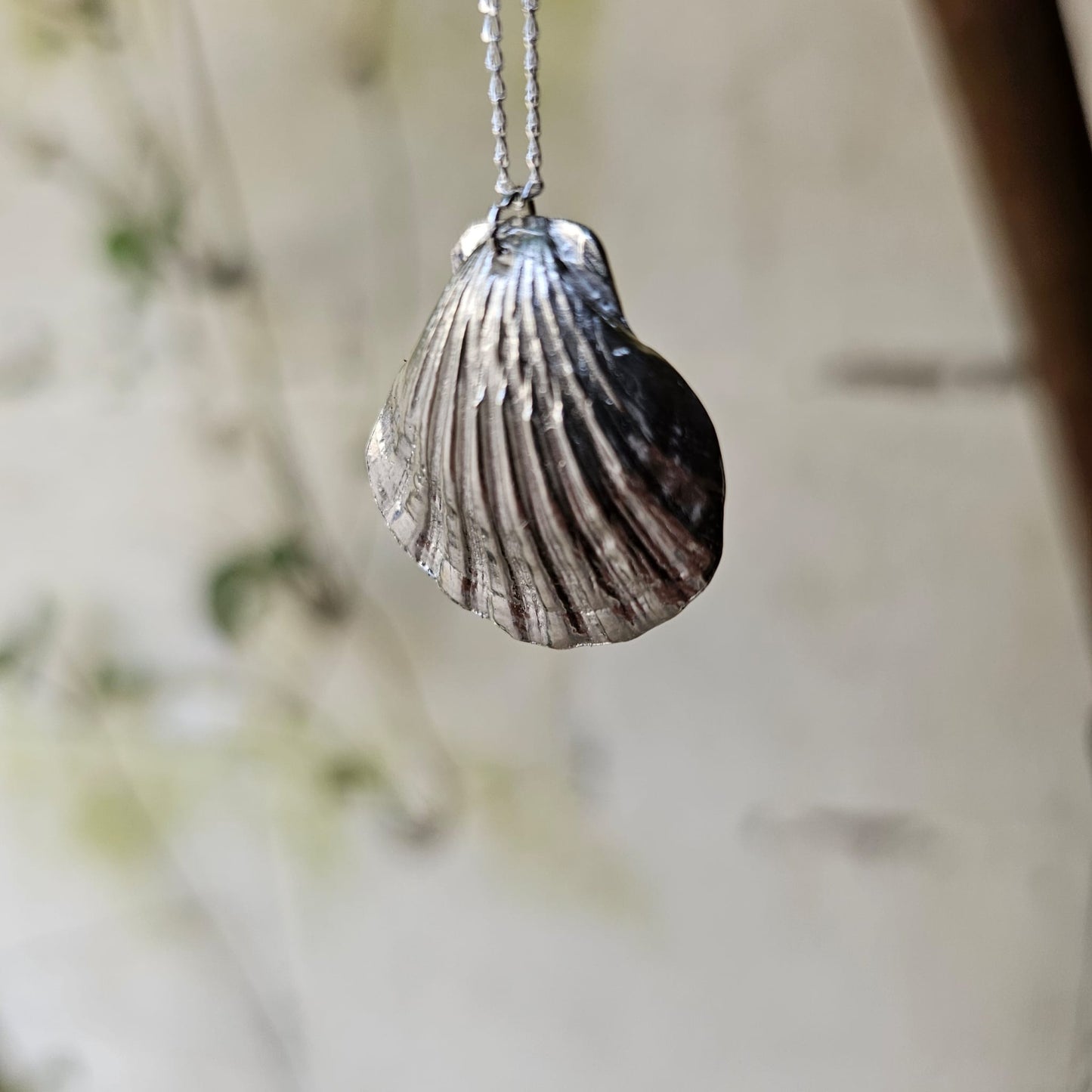 Cockle shell fine silver pendant necklace, markings and impression from a real shell.