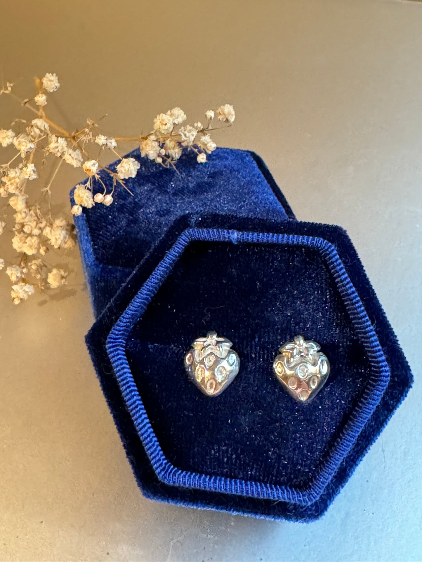 Fine Silver cute chunky strawberry stud earrings, s999 real silver jewellery, high end silver jewellery, precious metal clay, gift for her.