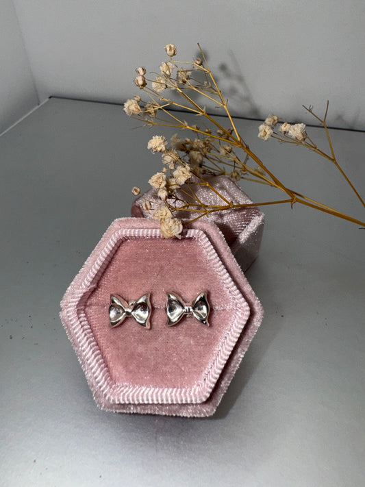 Fine Silver cute bow stud earrings, s999, coquette earrings, real silver jewellery, high end jewellery, precious metal clay, gift for her.