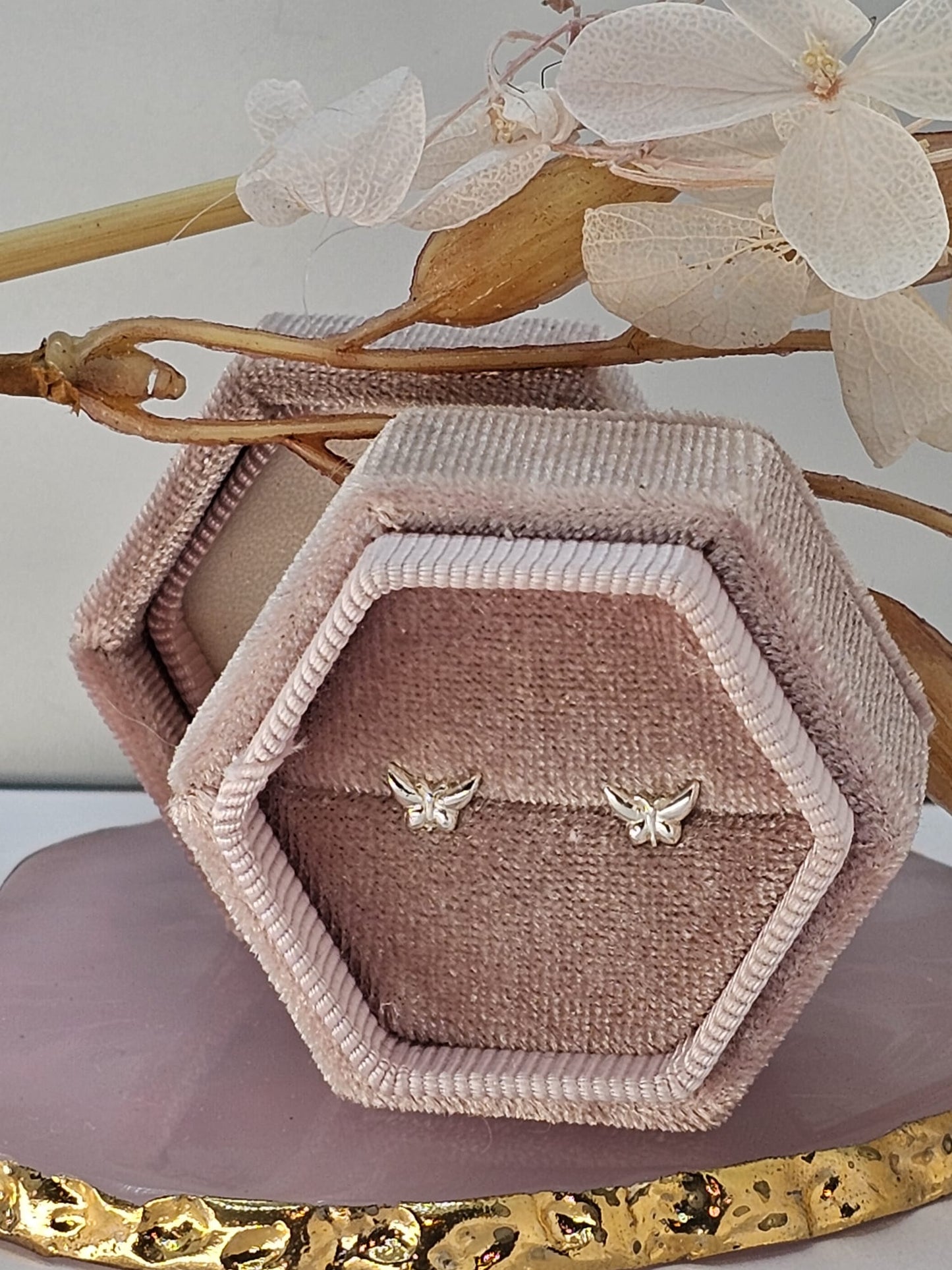 Fine Silver dainty butterfly stud earrings, s999 earrings, real silver jewellery, high end jewellery, precious metal clay, gift for her.