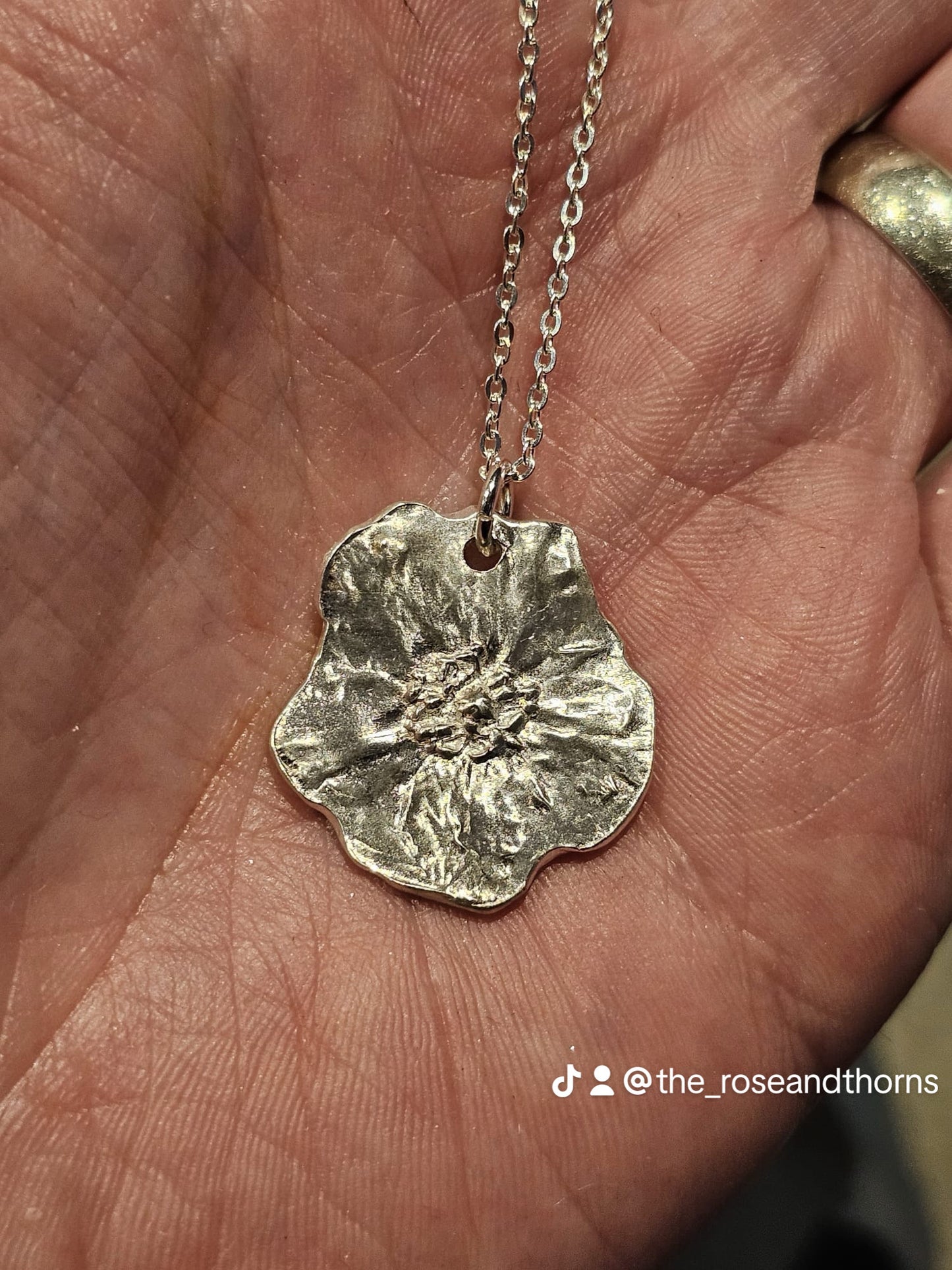Botanical wild poppy, fine silver necklace