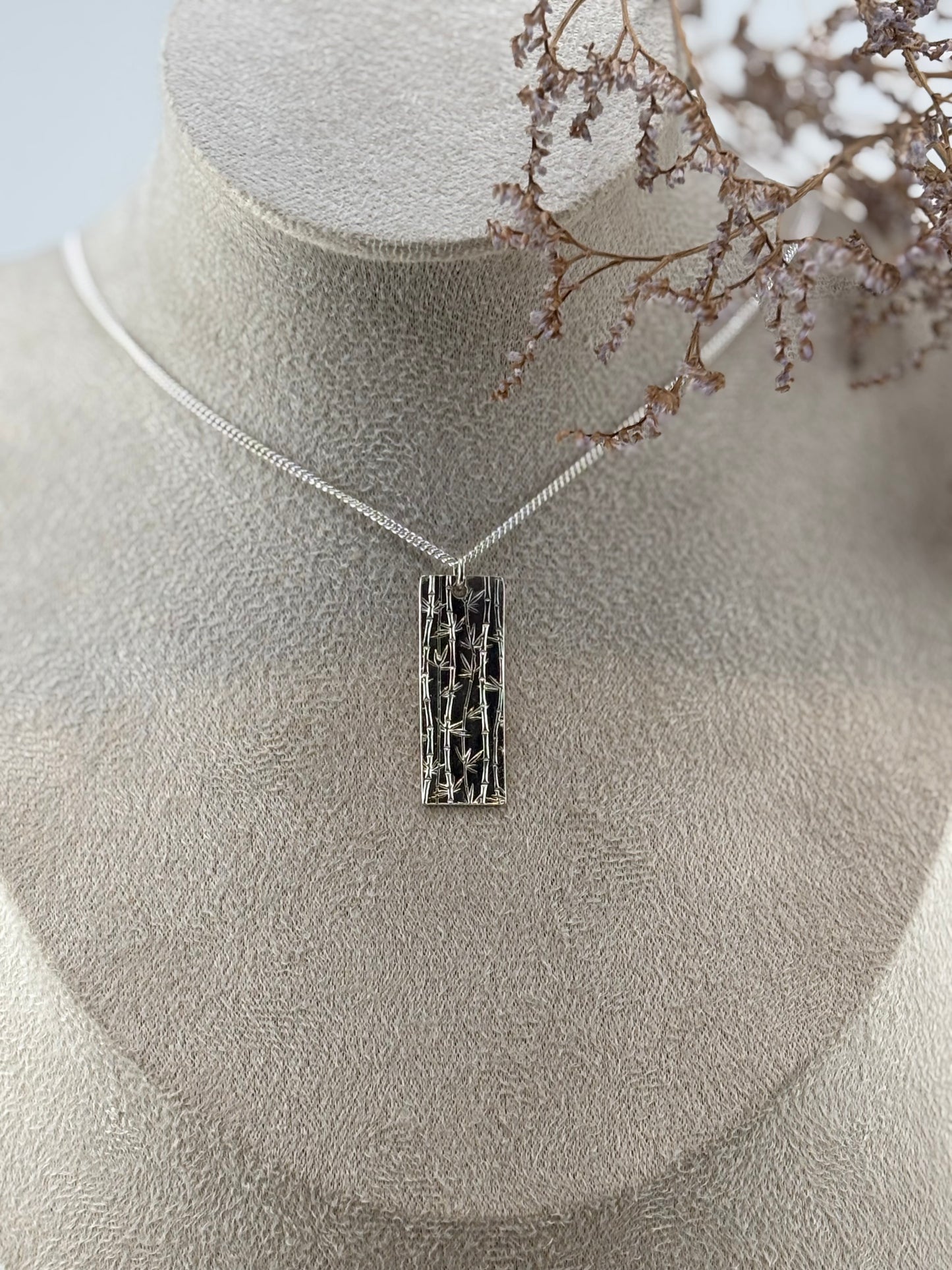 Handmade Sterling Silver bamboo necklace, rectangle shaped nature inspired Pendant.