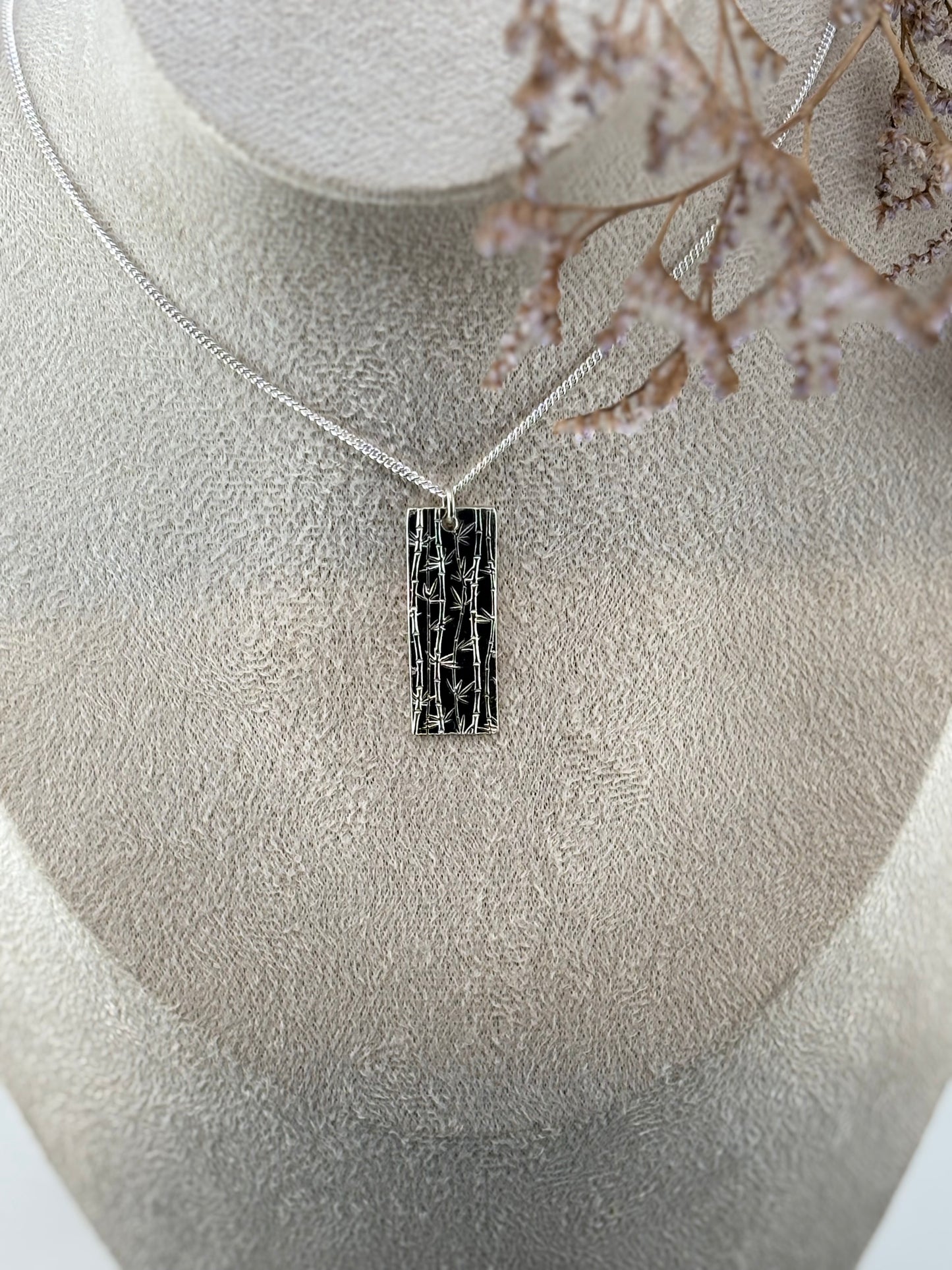 Handmade Sterling Silver bamboo necklace, rectangle shaped nature inspired Pendant.