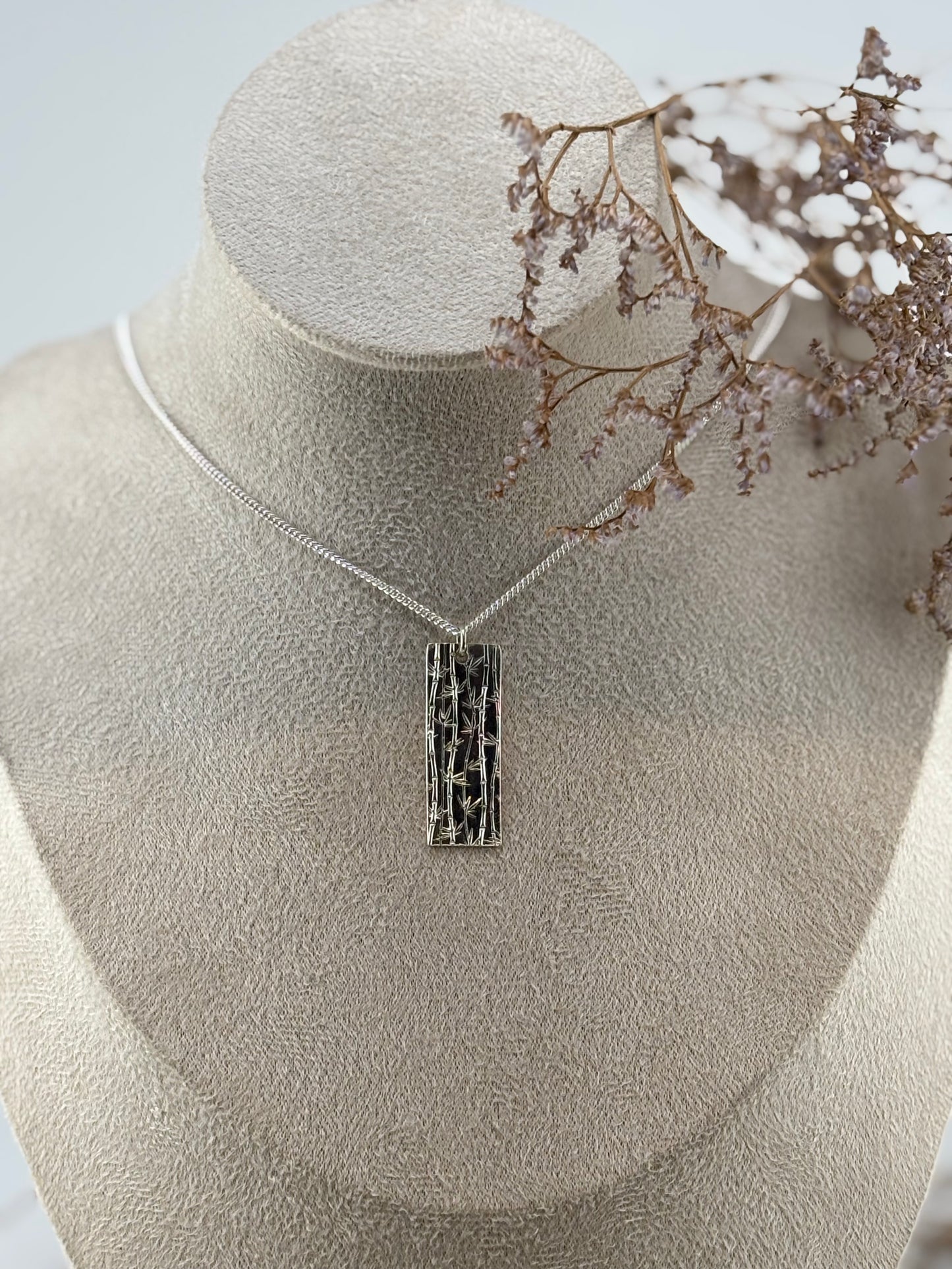 Handmade Sterling Silver bamboo necklace, rectangle shaped nature inspired Pendant.