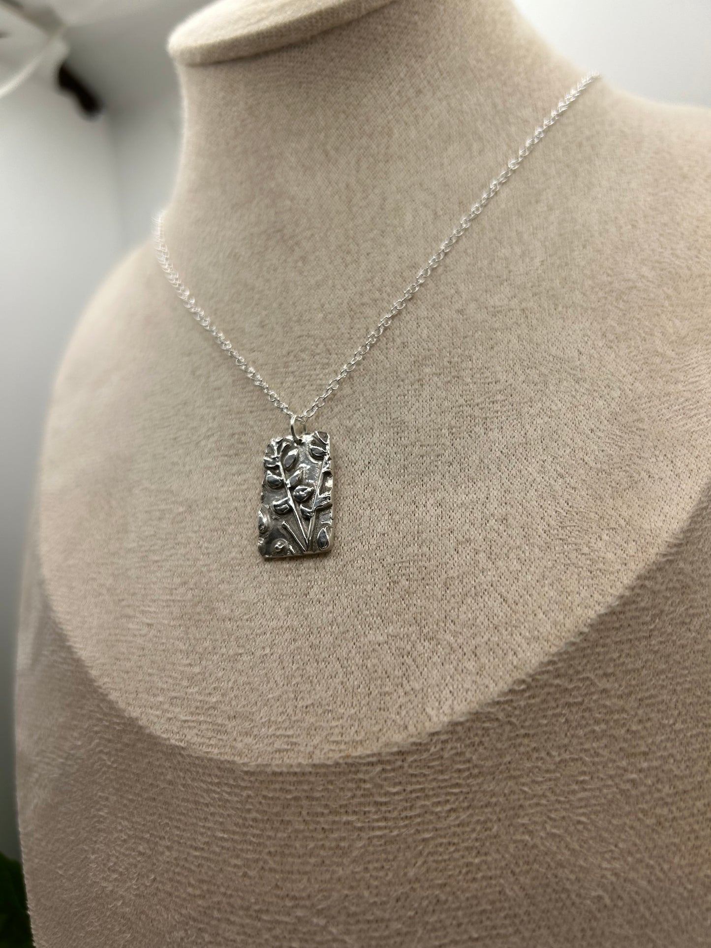 Nature inspired S999 fine silver rectangle shaped, woodland themed necklace with sterling silver chain.