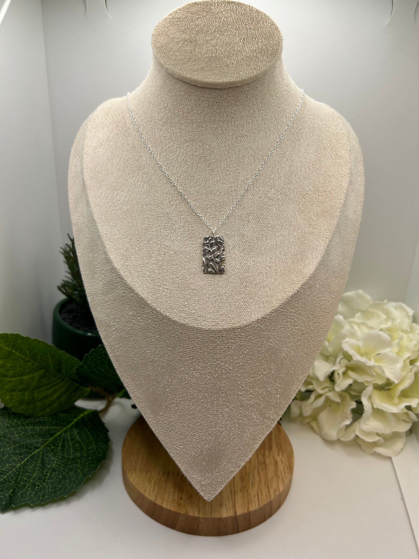 Nature inspired S999 fine silver rectangle shaped, woodland themed necklace with sterling silver chain.