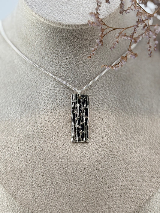 Handmade Sterling Silver bamboo necklace, rectangle shaped nature inspired Pendant.